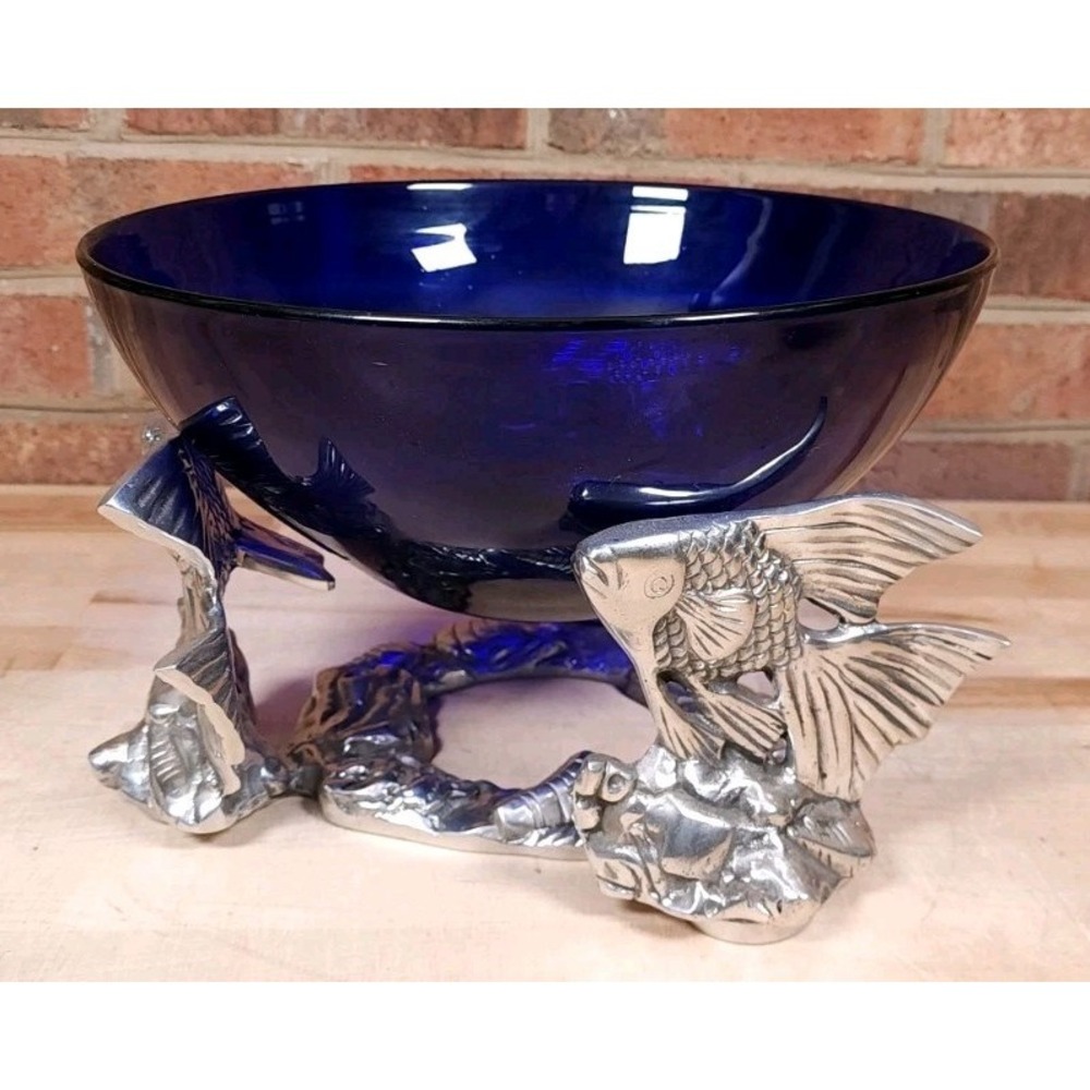 Pewter Fish Stand Blue Glass Punch Bowl Centerpiece 11 Inch